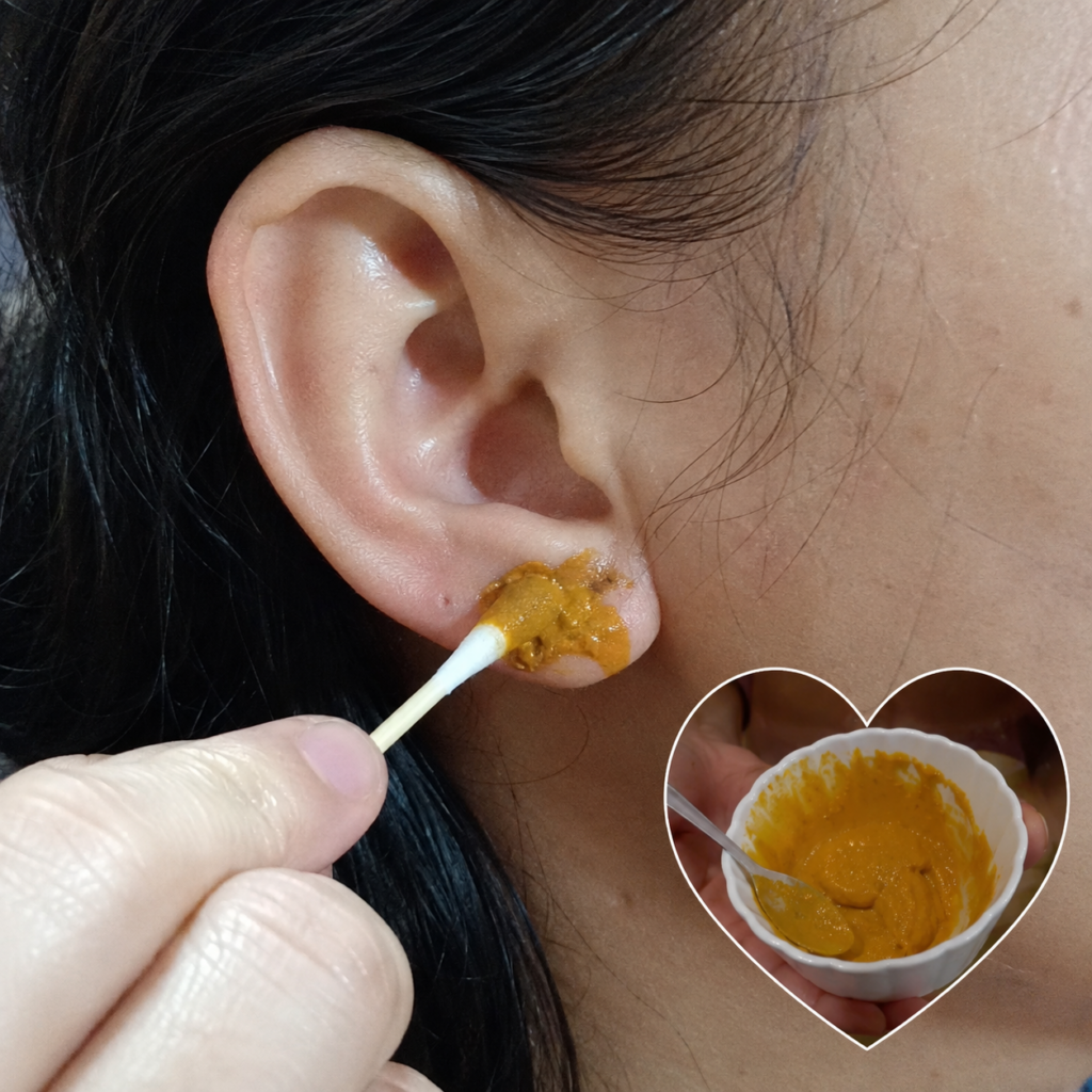 A close-up of a hand using a cotton swab to apply a thick orange-yellow paste to a person s earlobe with an inset of a b