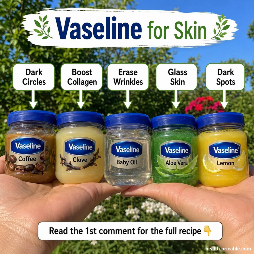 A pair of hands holding five small glass jars of Vaseline mixed with natural ingredients coffee clove a clear oil aloe v