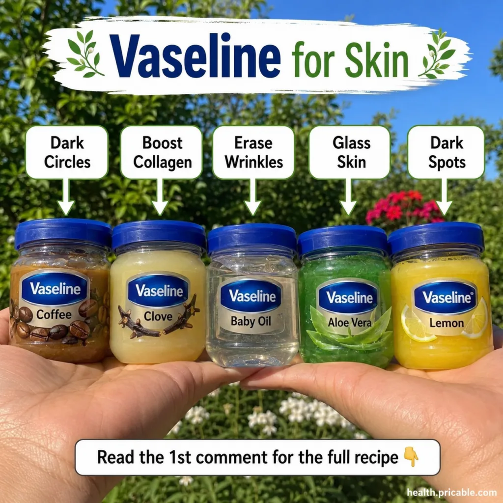 A pair of hands holding five small glass jars of Vaseline mixed with natural ingredients coffee clove a clear oil aloe v