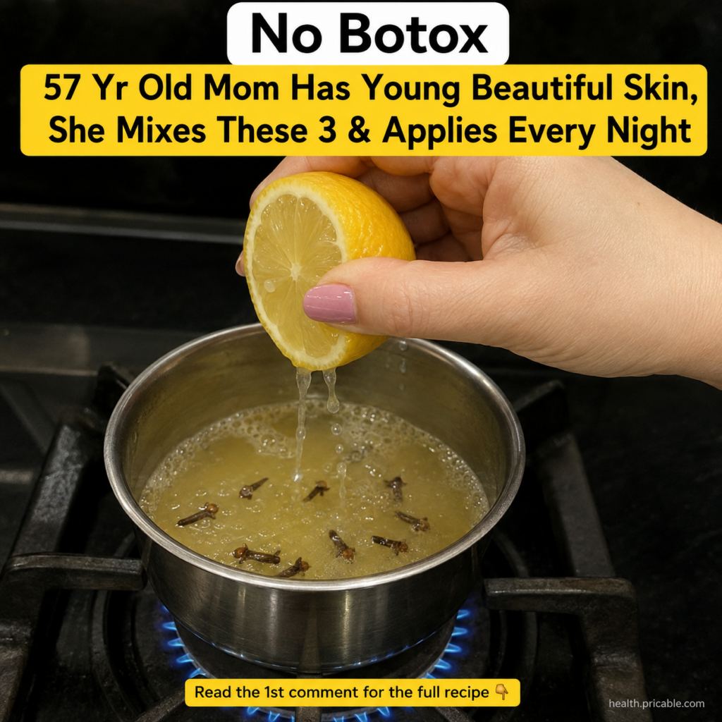 A hand squeezing a fresh lemon half into a small stainless steel pot with water and whole cloves on a lit gas stove burn