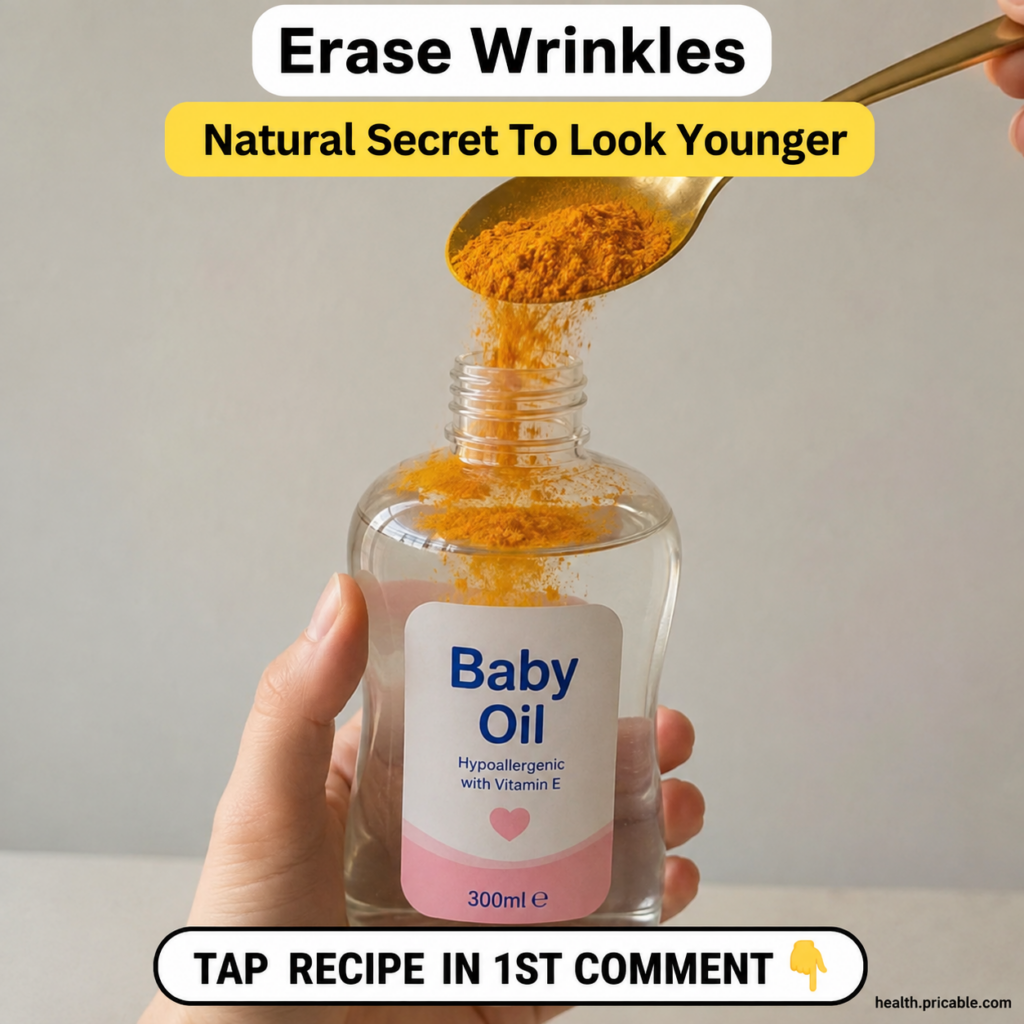 A hand pouring vibrant yellow turmeric powder from a golden spoon into a clear bottle of baby oil on a light background 