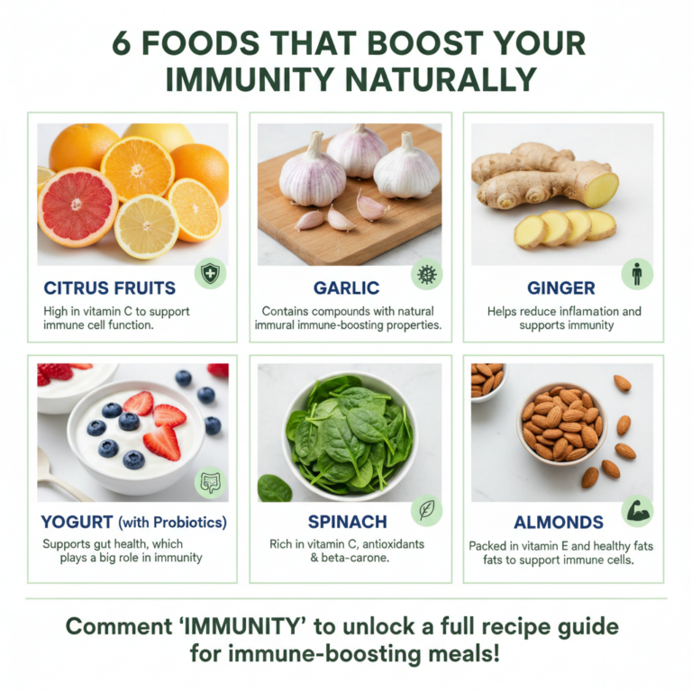A visually appealing grid showing six different natural foods that boost immunity Citrus Fruits Garlic Ginger Yogurt Spi