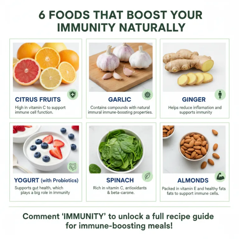 A visually appealing grid showing six different natural foods that boost immunity Citrus Fruits Garlic Ginger Yogurt Spi