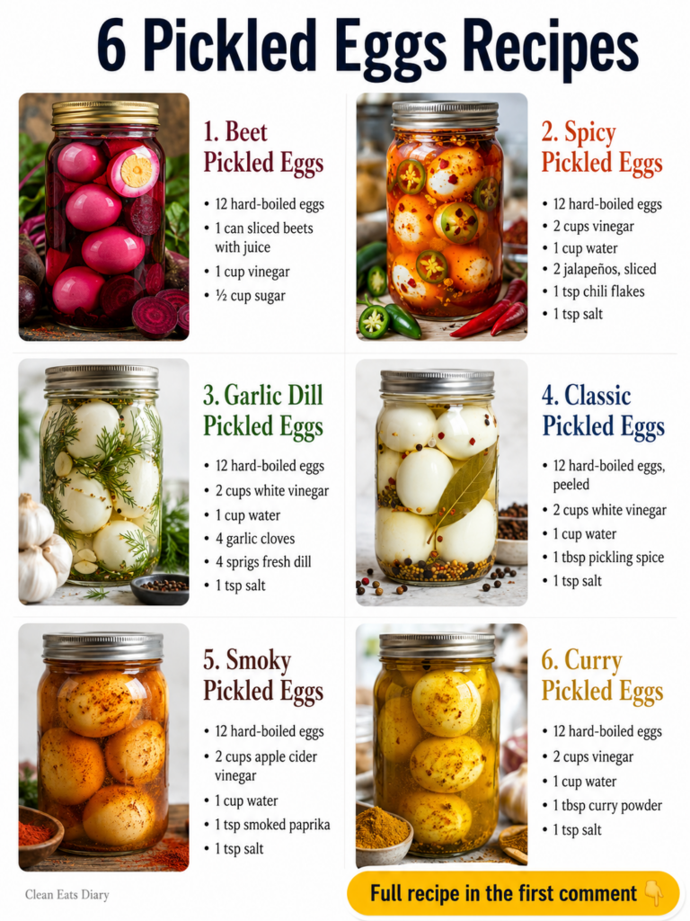 Six glass jars of beautifully pickled eggs each with a distinct color and ingredients Jars include beet pickled eggs mag
