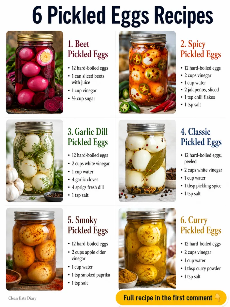 Six glass jars of beautifully pickled eggs each with a distinct color and ingredients Jars include beet pickled eggs mag