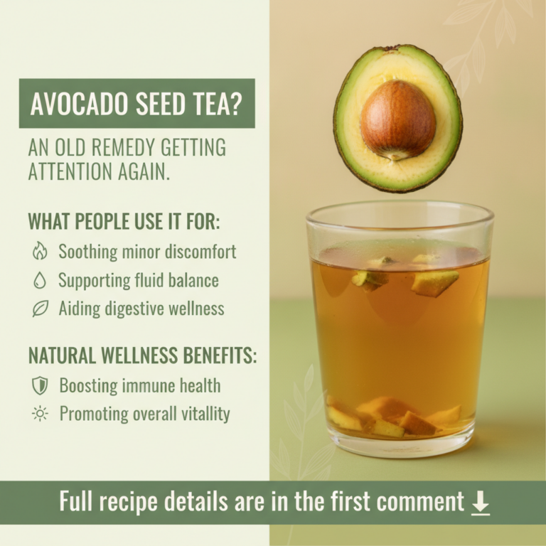 A brightly lit informative graphic promoting avocado seed tea On the right a clear glass with amber-colored tea containi