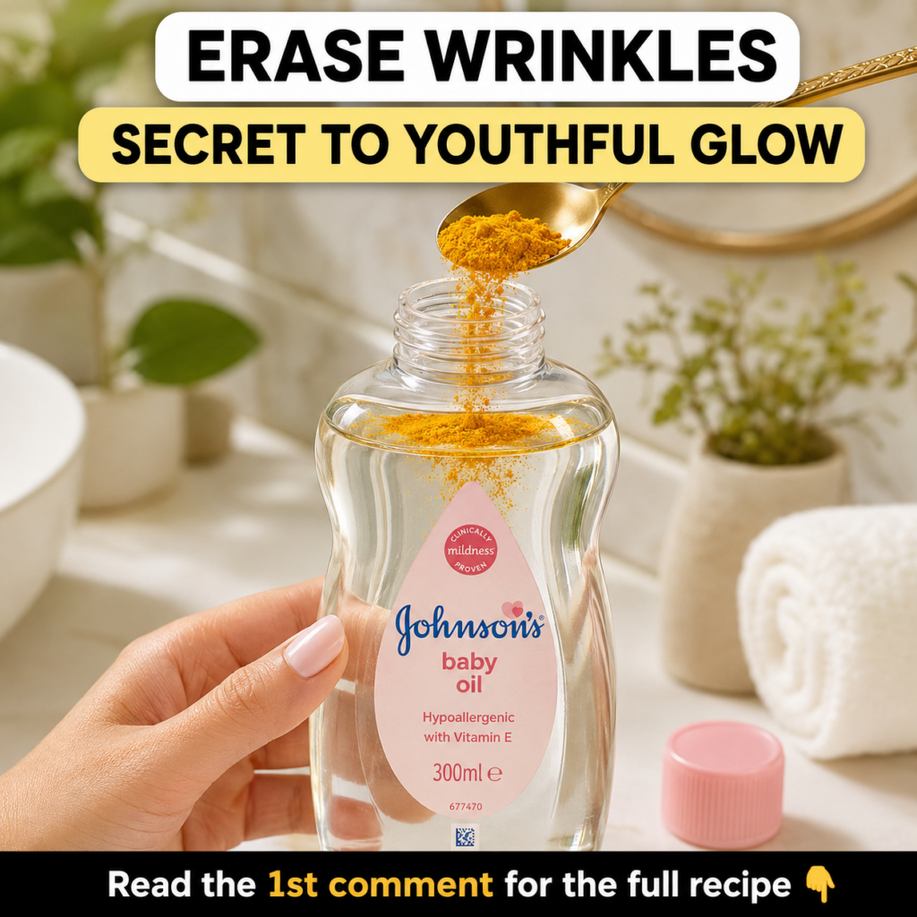 A female hand holding a bottle of Johnson s Baby Oil while a golden spoon pours bright yellow turmeric powder into it ag