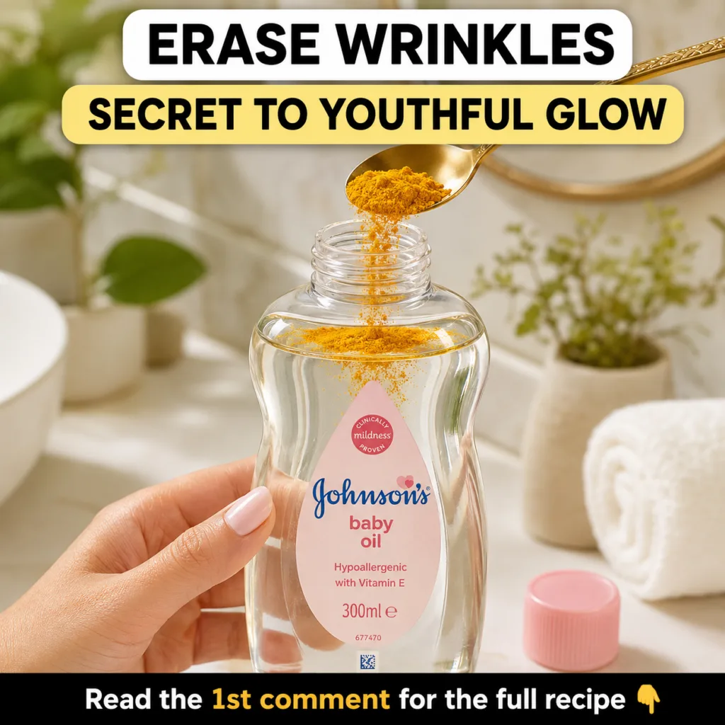 A female hand holding a bottle of Johnson s Baby Oil while a golden spoon pours bright yellow turmeric powder into it ag
