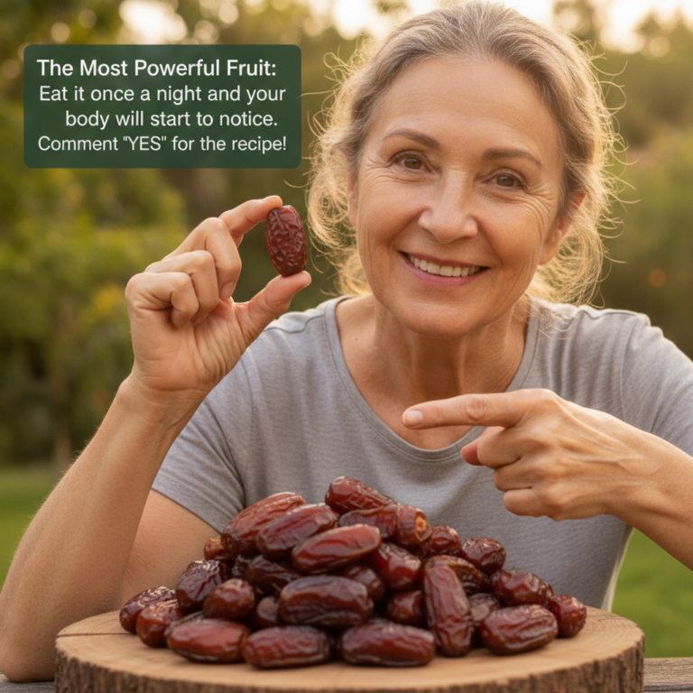 A smiling middle-aged woman holding a single date with a pile of dates on a rustic wooden slab in the foreground The bac