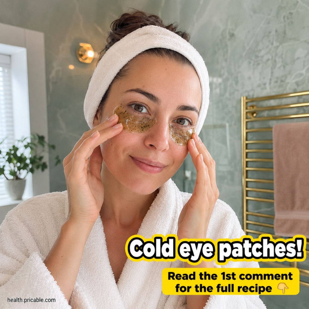 A smiling woman with a white terry cloth headband and bathrobe gently applying translucent homemade cold eye patches wit