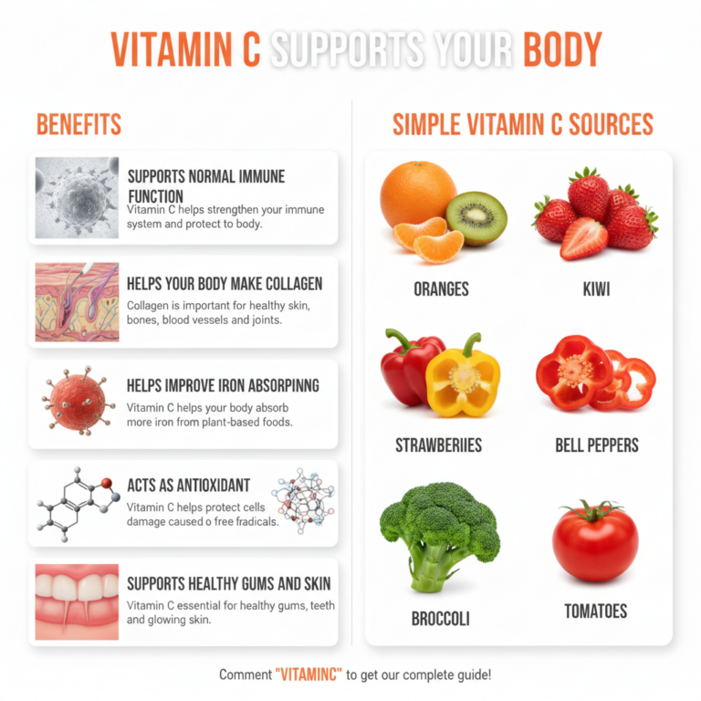 An infographic titled VITAMIN C SUPPORTS YOUR BODY with two main sections BENEFITS on the left listing five points with 