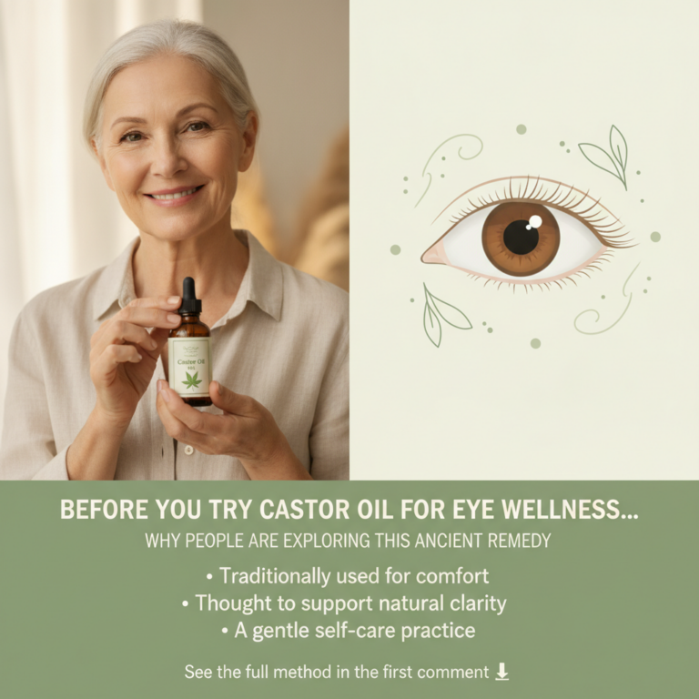 Older woman holding a castor oil bottle with a stylized eye illustration surrounded by green leaves on a split screen Te