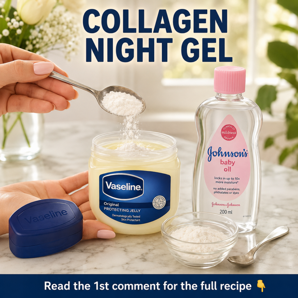 A flat lay of Vaseline baby oil and a white powder being mixed into Vaseline by a feminine hand with a small spoon on a 