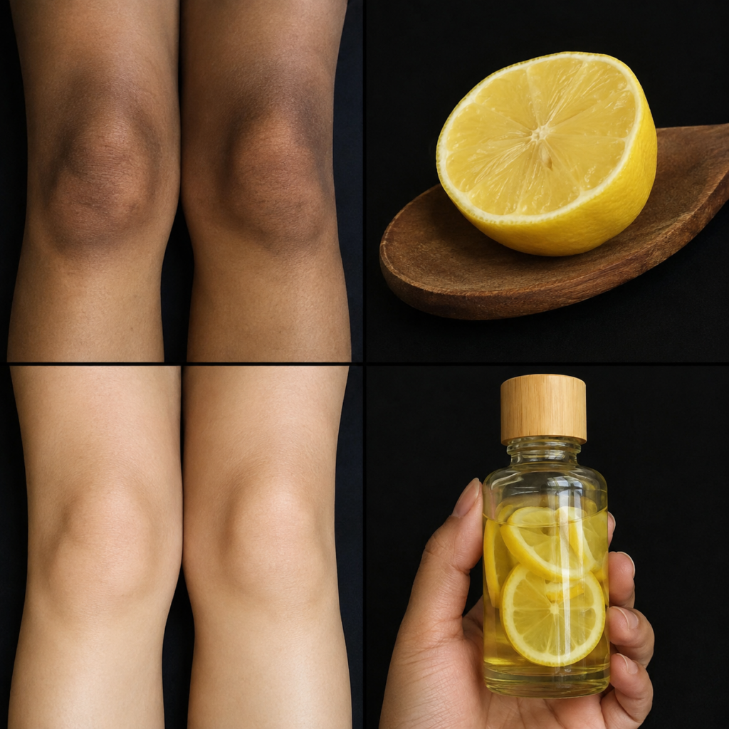 A four-panel collage showing before and after knees with improved skin tone a halved lemon on a spoon and a small bottle