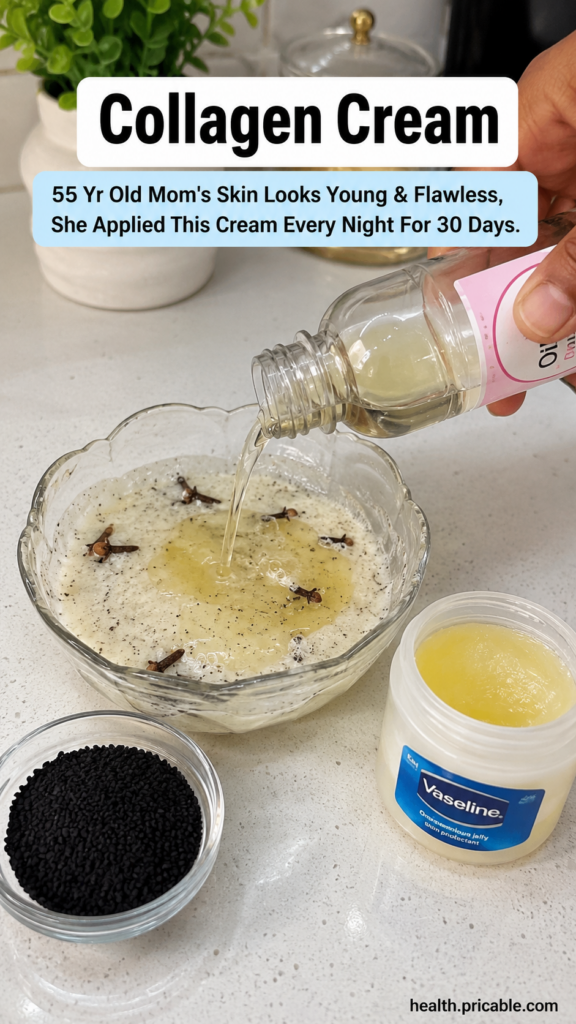 A hand pouring light yellow oil into a bowl with a creamy mixture black seeds and cloves with a jar of Vaseline nearby o