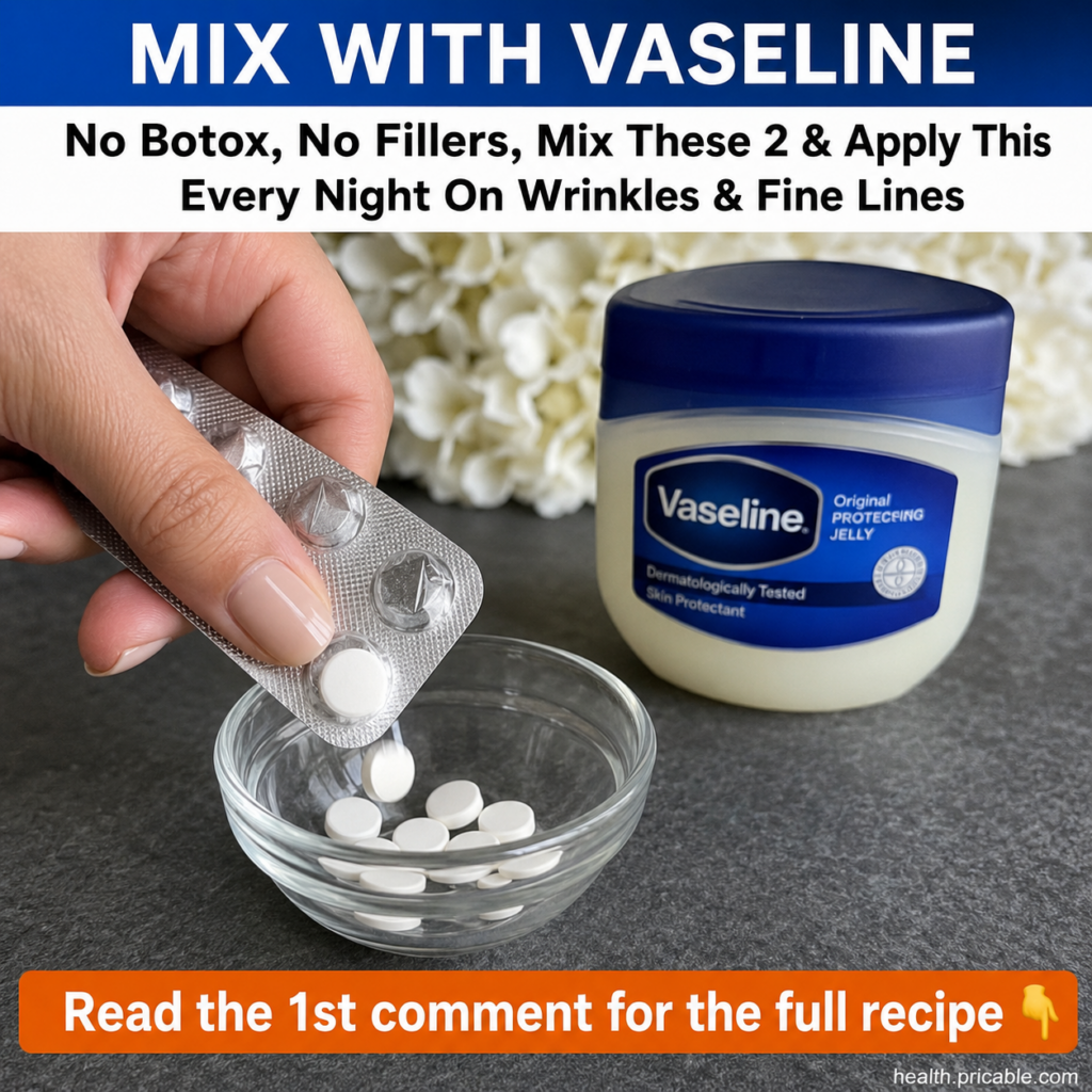A female hand is crushing white tablets into a clear glass bowl with a jar of Vaseline Original Protecting Jelly visible