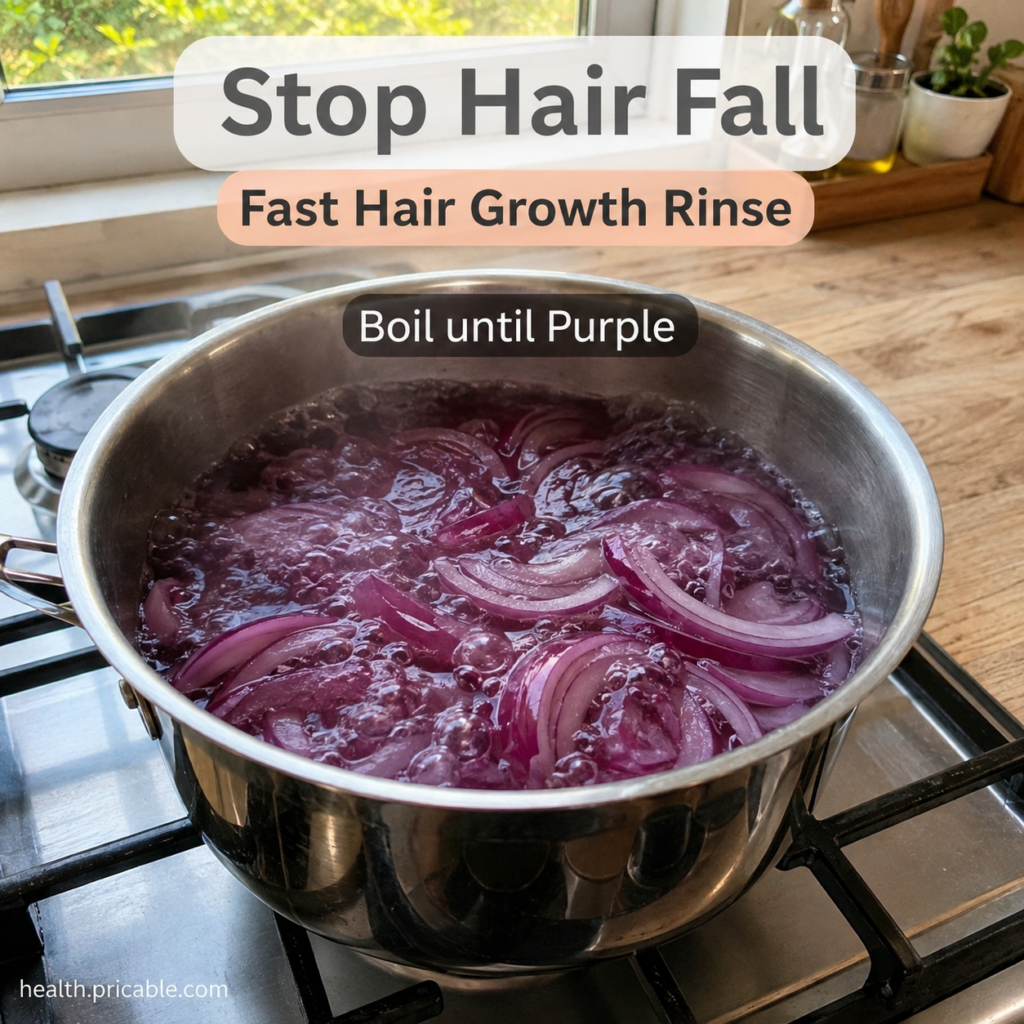 Red onion slices boiling in water in a stainless steel pot on a stovetop with the water turning purple Steam rises from 