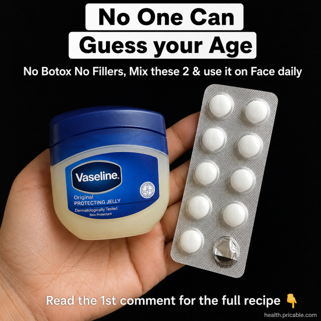 A hand holding a jar of Vaseline and a blister pack of white pills with text overlays about ageless skin and no Botox