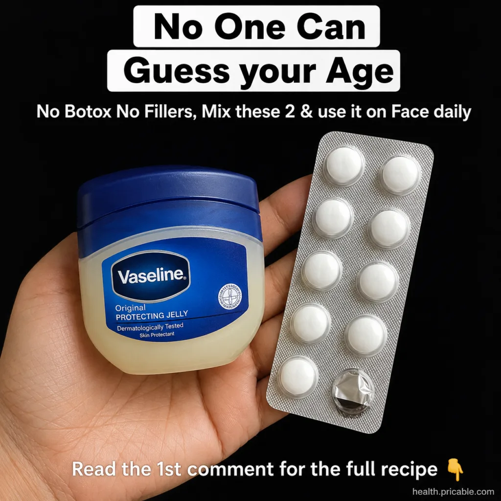 A hand holding a jar of Vaseline and a blister pack of white pills with text overlays about ageless skin and no Botox