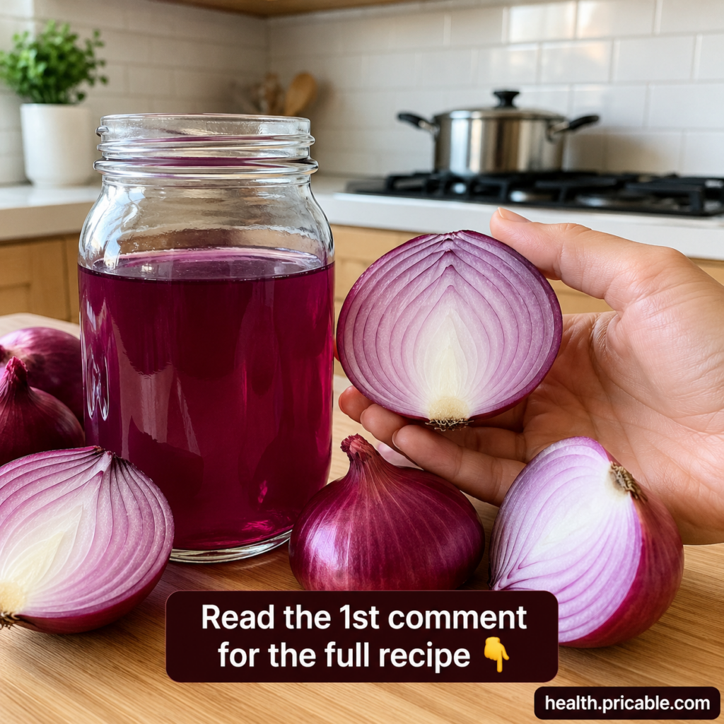 A glass jar filled with vibrant deep magenta red onion rinse surrounded by whole and halved red onions on a light wooden