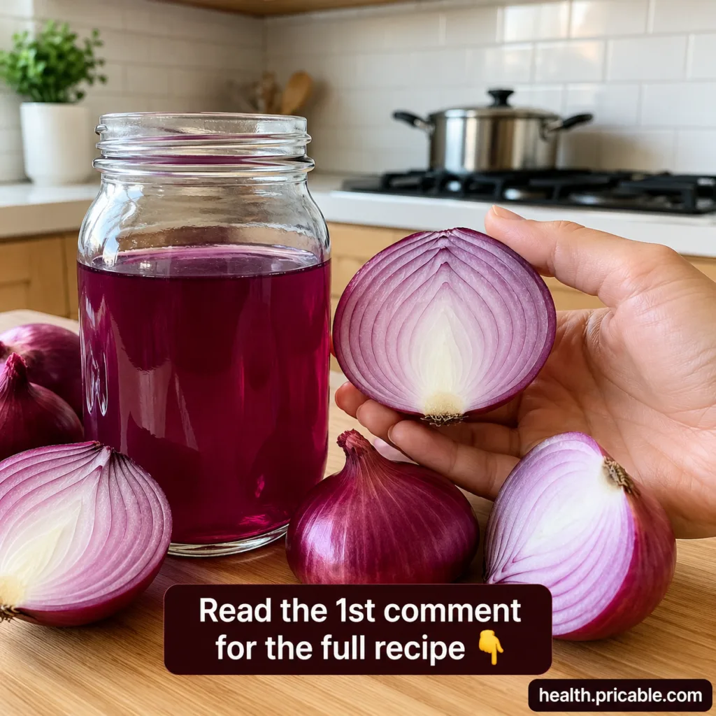 A glass jar filled with vibrant deep magenta red onion rinse surrounded by whole and halved red onions on a light wooden