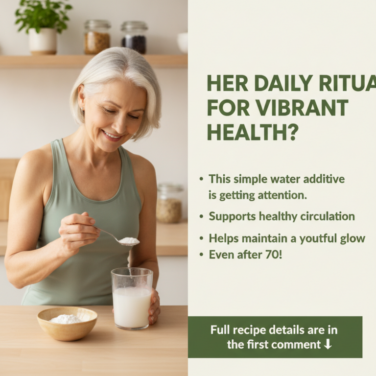 An older woman smiling warmly adds a white powder to a glass of liquid in a modern clean kitchen setting