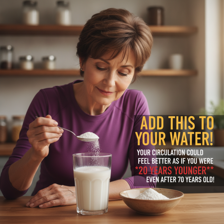 A serene older woman in a cozy kitchen smiling gently as she adds a white powdered substance from a spoon into a clear g
