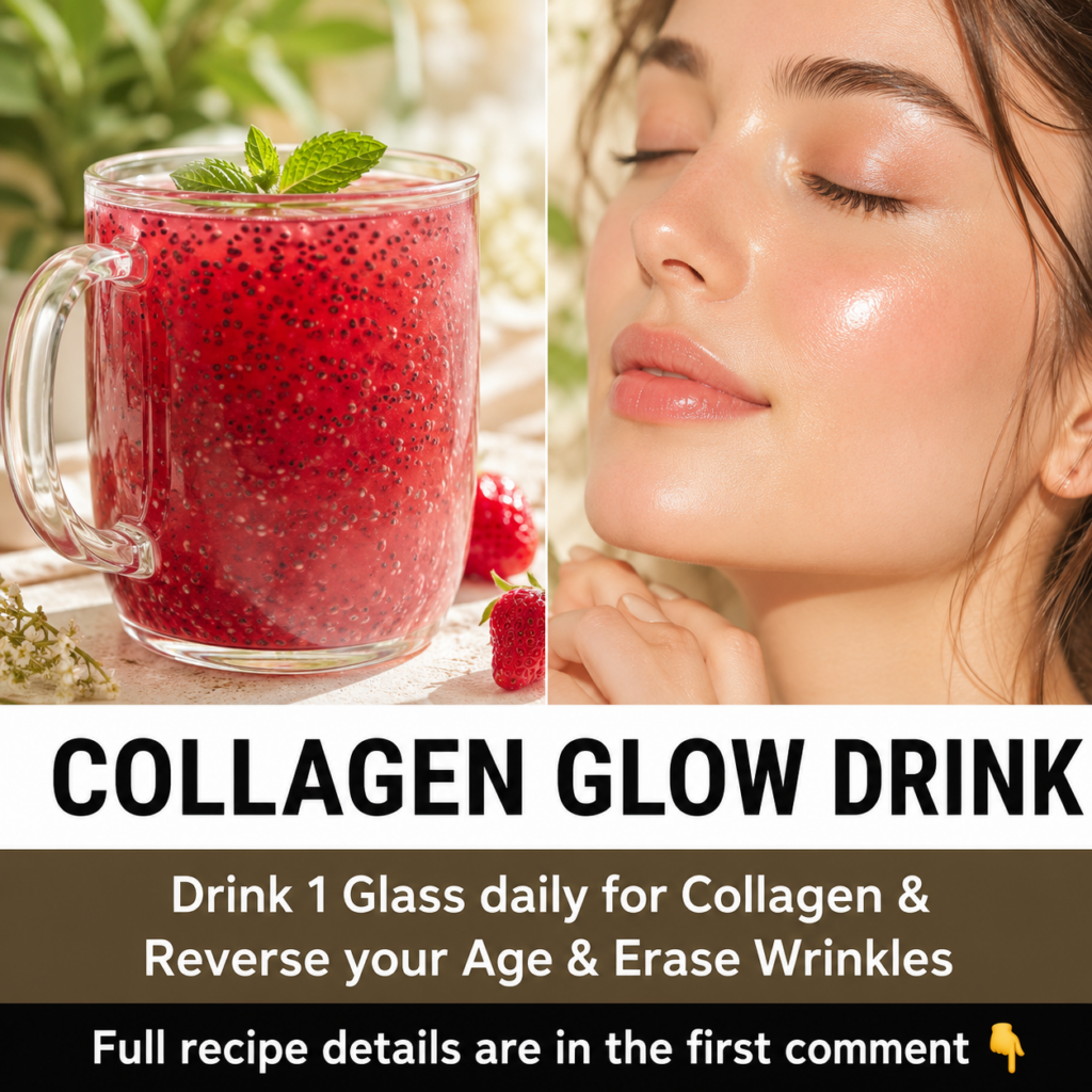 A vibrant composite image showing a glass of ruby-red chia seed drink with strawberries and mint on one side and a radia