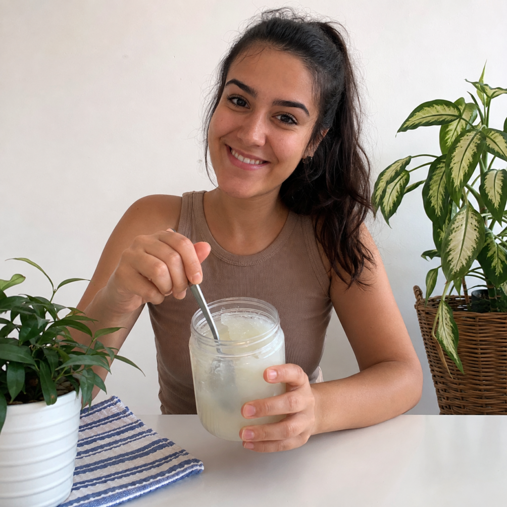 A smiling young woman sitting at a white table stirring a creamy light-colored substance in a clear plastic jar with a s