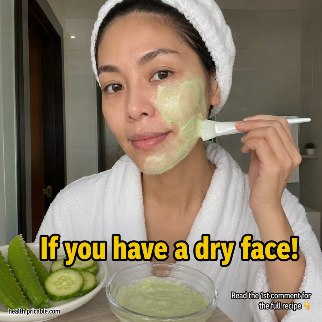 A woman in a white bathrobe applies a light green frothy face mask to her cheek with a brush in a spa-like bathroom Fres