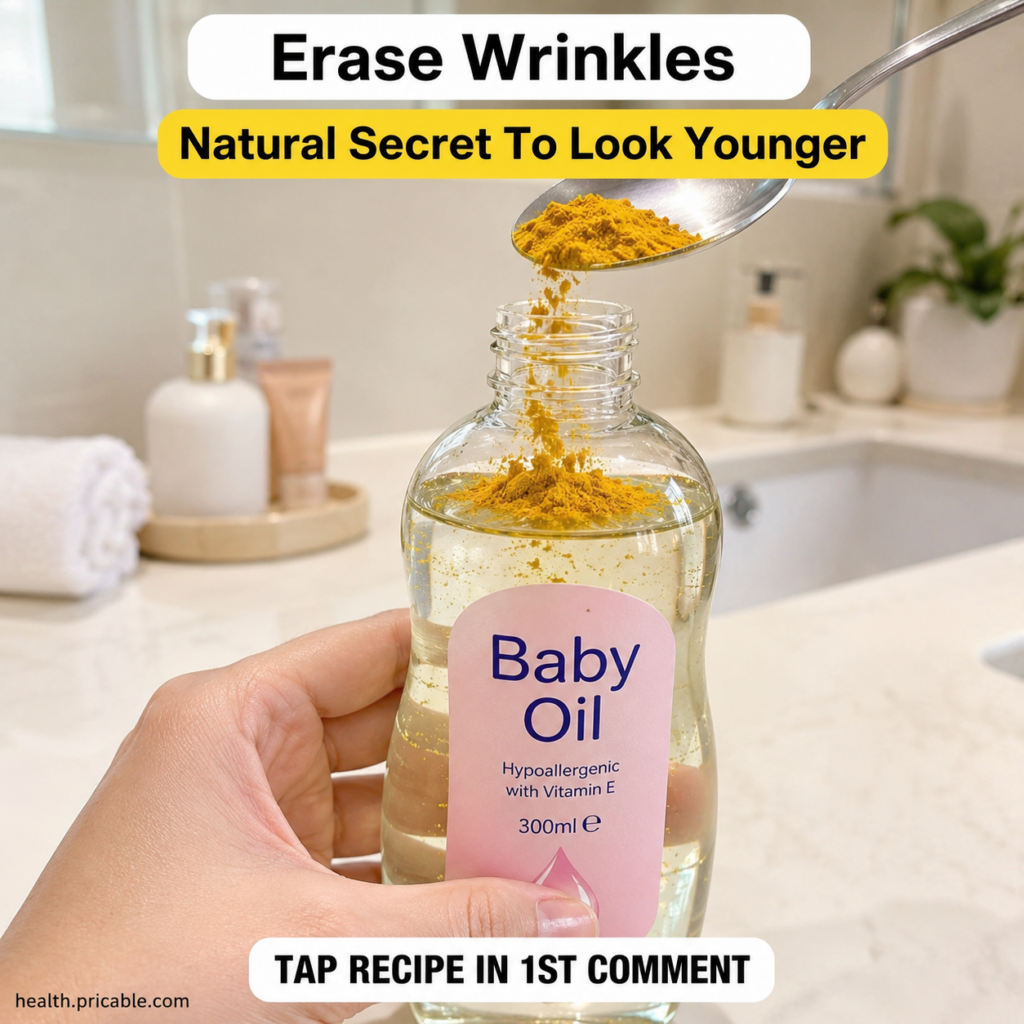 A hand holding a clear bottle of baby oil with turmeric powder being poured into it from a silver spoon set against a cl