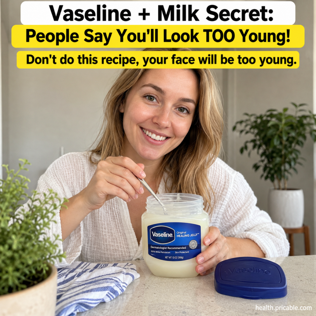 A smiling woman with blonde hair holding a jar of Vaseline and a spoon with text overlays about looking too young The se