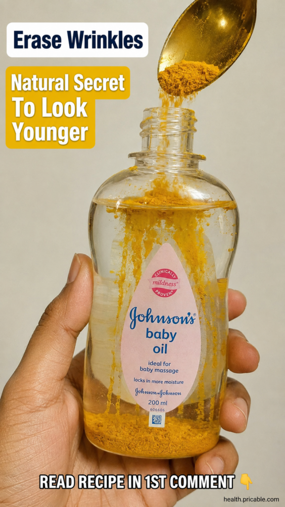 A hand pouring golden turmeric powder from a spoon into a bottle of clear baby oil with the powder visibly mixing in the