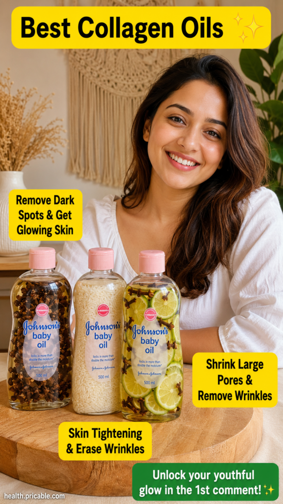 A woman smiling behind a wooden cutting board with three bottles of baby oil infused with natural ingredients like clove
