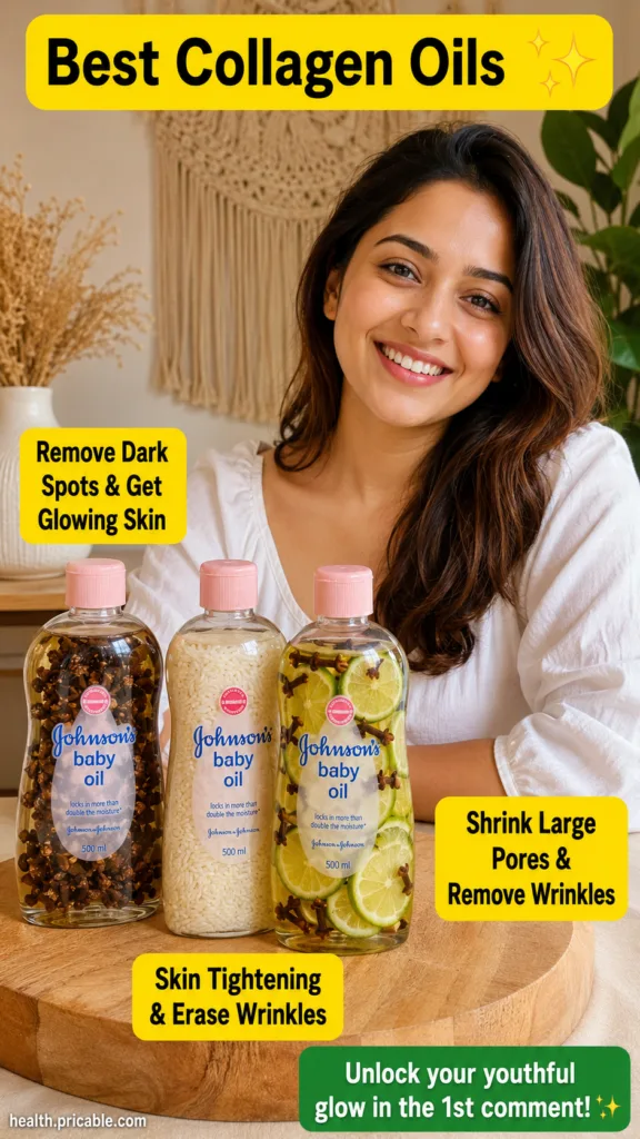 A woman smiling behind a wooden cutting board with three bottles of baby oil infused with natural ingredients like clove