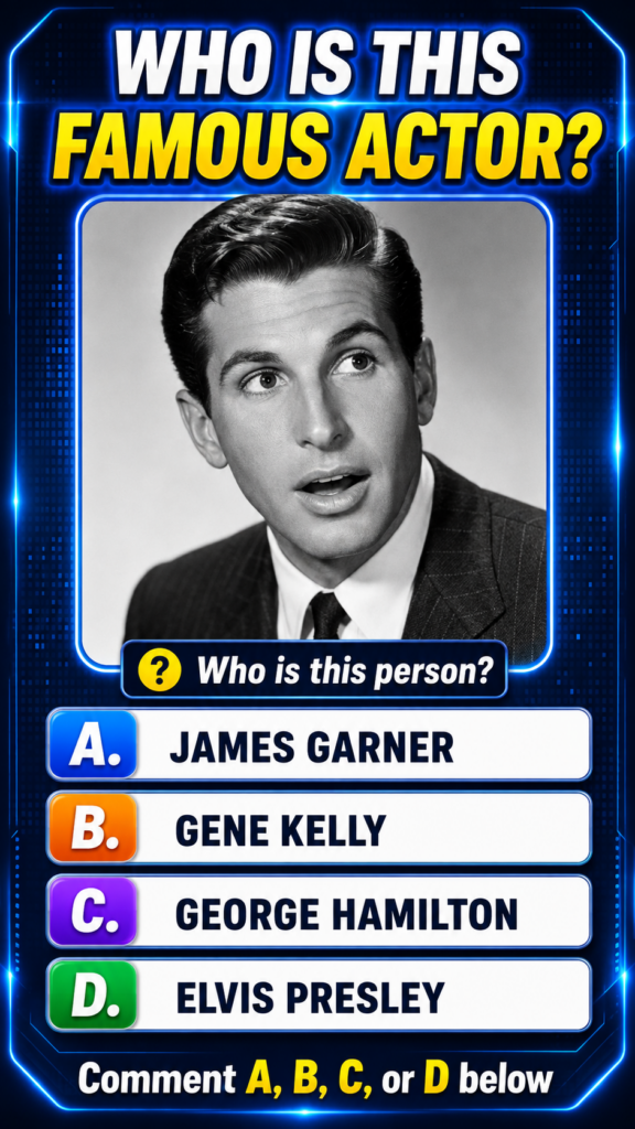 A black and white headshot of a young male actor George Hamilton in a brightly colored interactive quiz interface