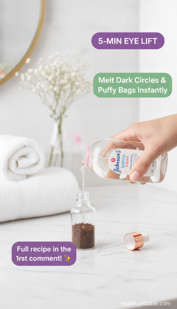 A hand pouring clear baby oil from a pink-capped bottle into a small clear glass bottle containing brown instant coffee 