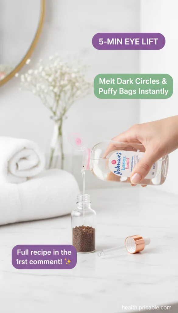 A hand pouring clear baby oil from a pink-capped bottle into a small clear glass bottle containing brown instant coffee