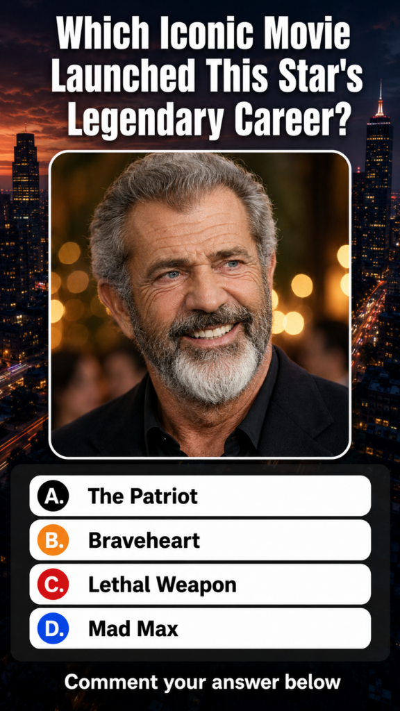 A quiz graphic showing a portrait of Mel Gibson against a city background with the question Which Iconic Movie Launched 
