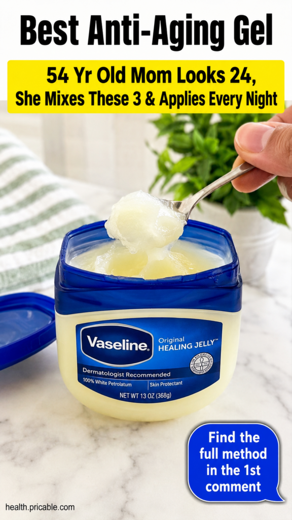 A small clean glass jar filled with the mixed Vaseline and baby oil blend with a small spoon resting next to it on a bri