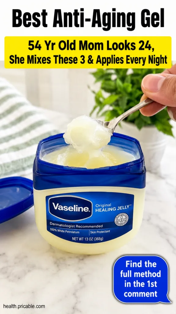 A small clean glass jar filled with the mixed Vaseline and baby oil blend with a small spoon resting next to it on a bri