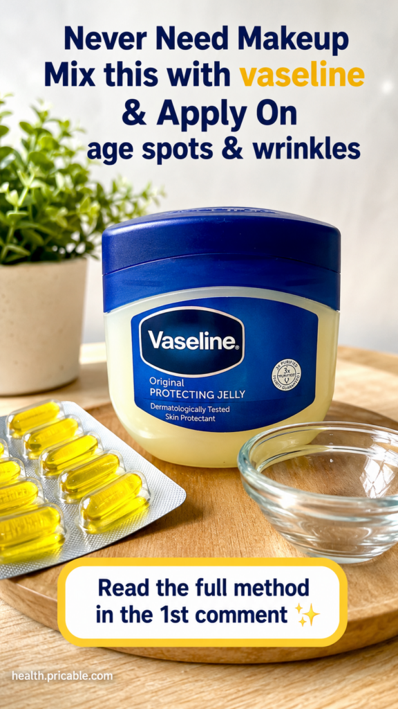 Ingredients for Vaseline and Vitamin E balm laid out on a wooden surface a jar of Vaseline yellow vitamin E capsules and