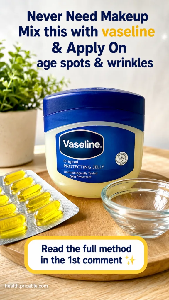 Ingredients for Vaseline and Vitamin E balm laid out on a wooden surface a jar of Vaseline yellow vitamin E capsules and