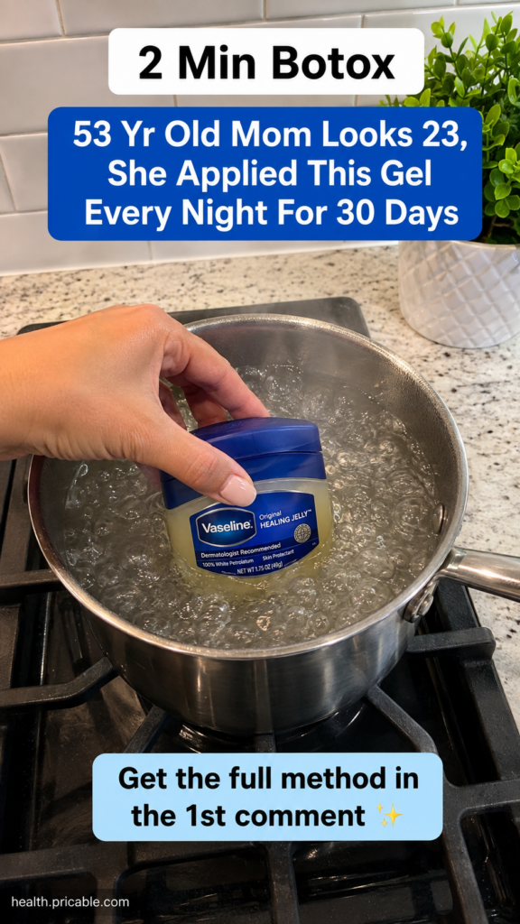 A hand placing a small blue jar of Vaseline into a pot of simmering water on a gas stove in a modern kitchen The focus i