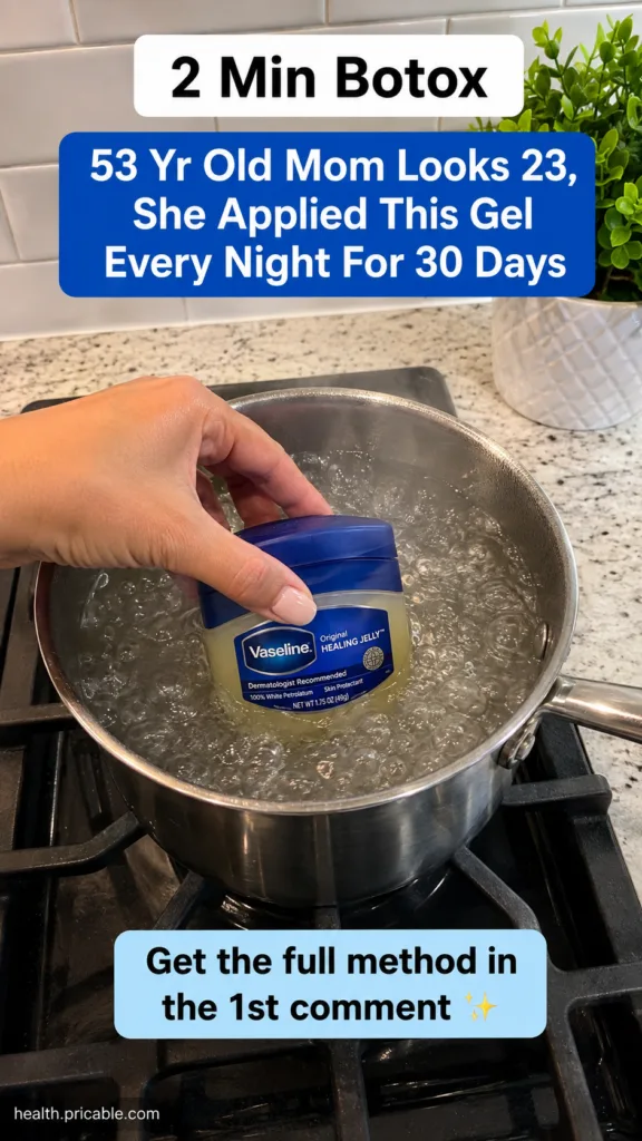 A hand placing a small blue jar of Vaseline into a pot of simmering water on a gas stove in a modern kitchen The focus i