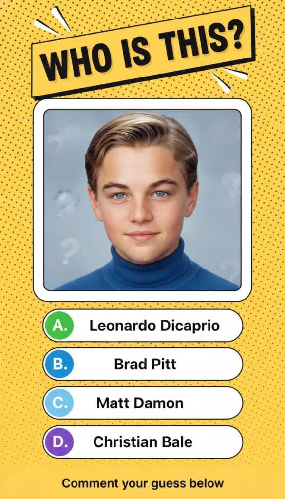 A brightly colored pop-art style portrait of a young Leonardo DiCaprio with blonde hair and blue eyes wearing a dark blu