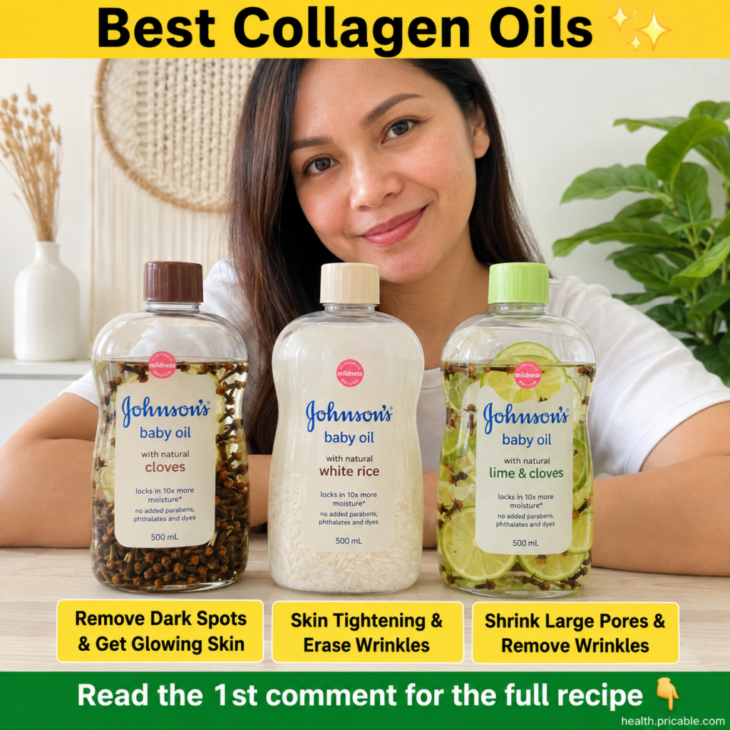 A friendly woman smiling behind three clear bottles of Johnson s baby oil infused with cloves white rice and lime slices
