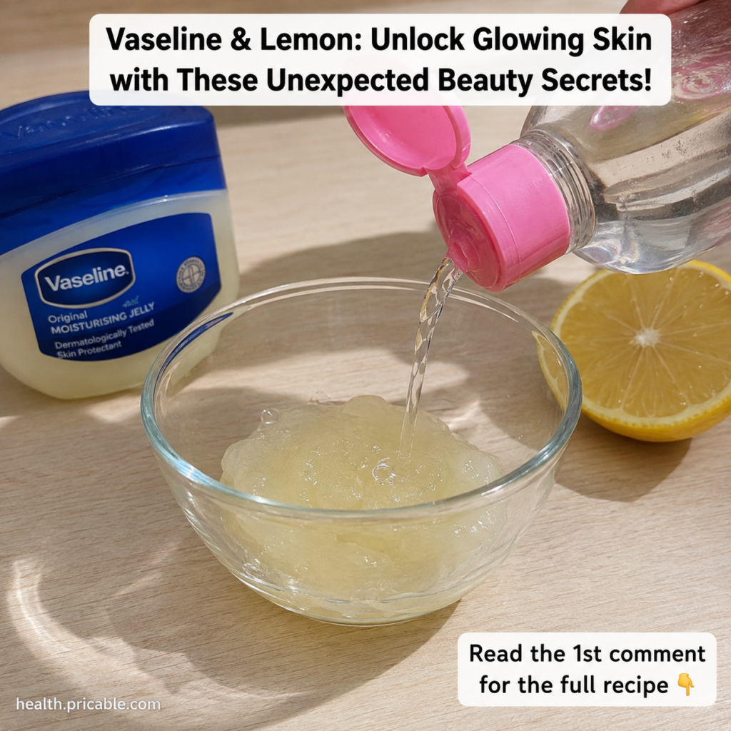 A clear glass bowl containing a yellowish jelly-like mixture of Vaseline and lemon with a fresh lemon half and a jar of 
