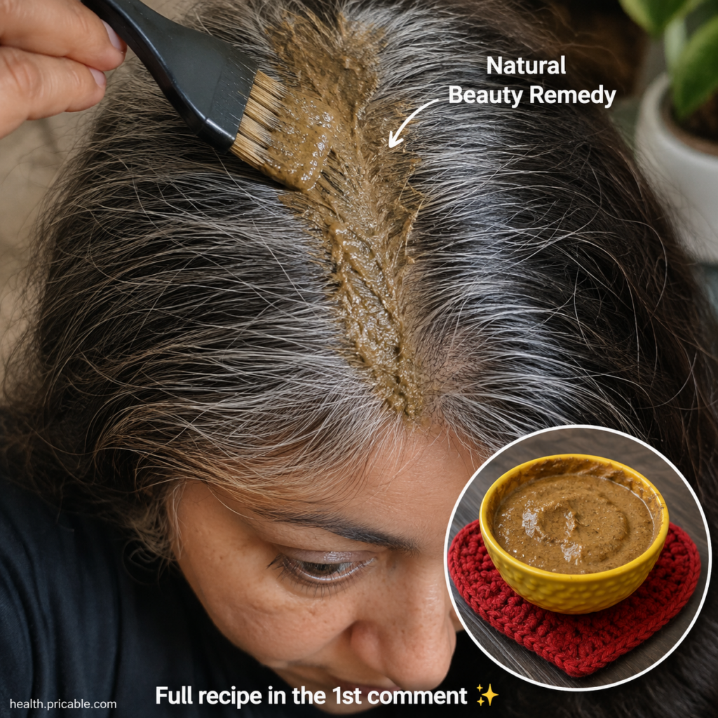 A close-up of a person s head with dark hair and some gray strands showing a hand applying a brownish-green paste to the