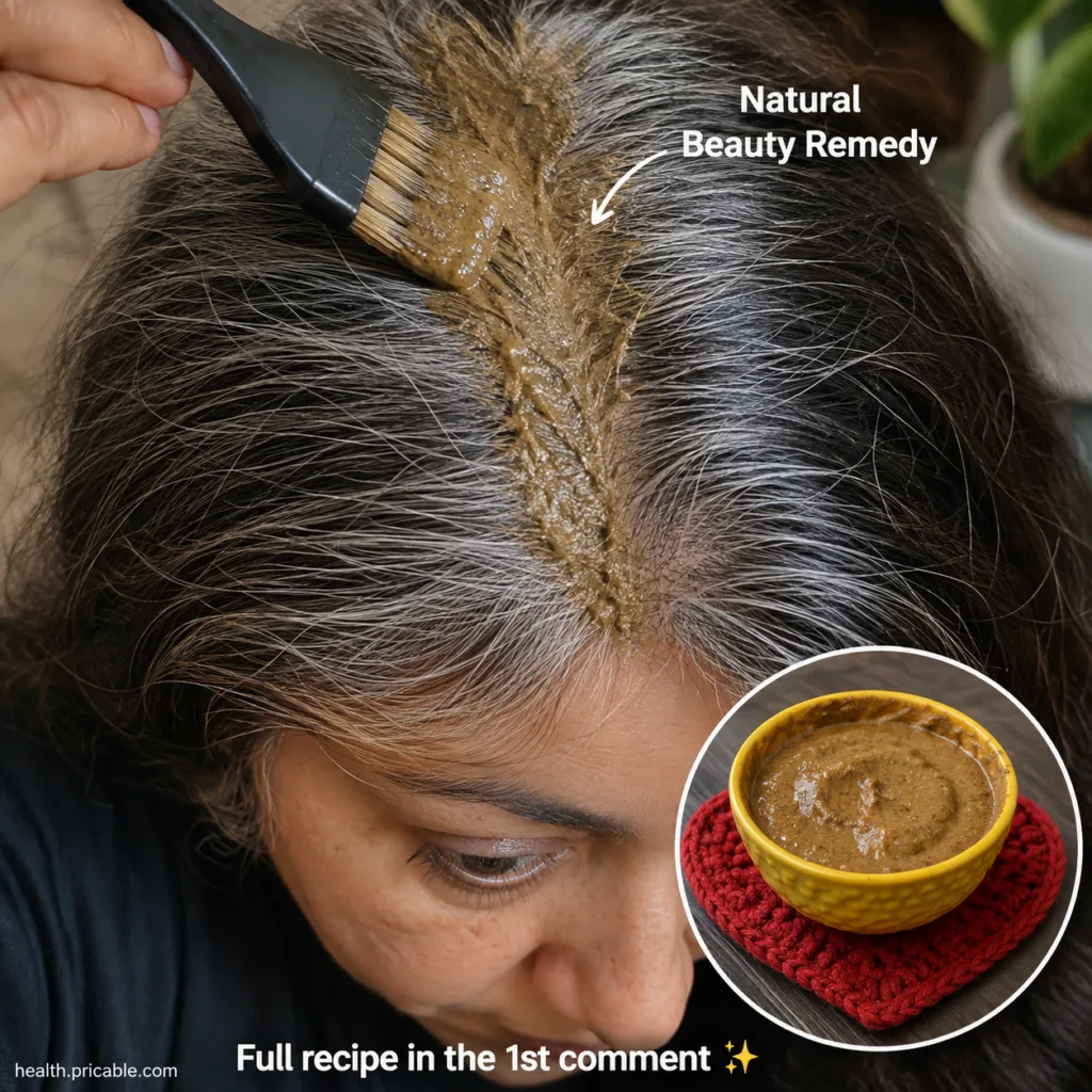A close-up of a person s head with dark hair and some gray strands showing a hand applying a brownish-green paste to the